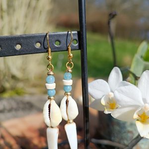 Boucles d'oreilles cauris aigue marine