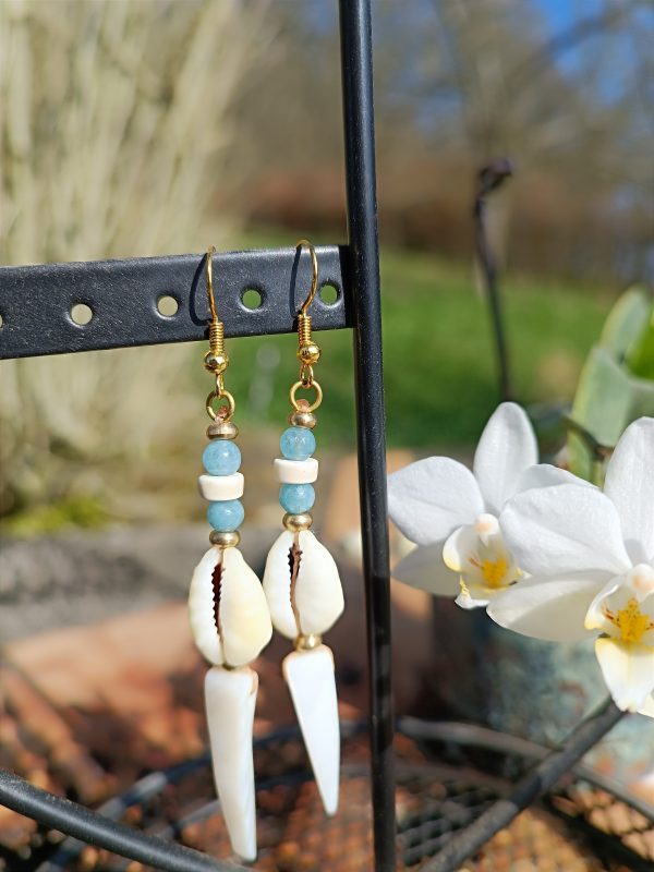 Boucles d'oreilles cauris aigue marine